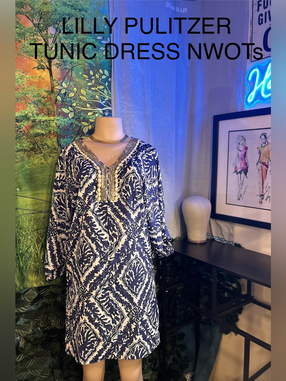 Lilly Pulitzer Navy & White Embellished Tunic Dress ~ NWOTs
